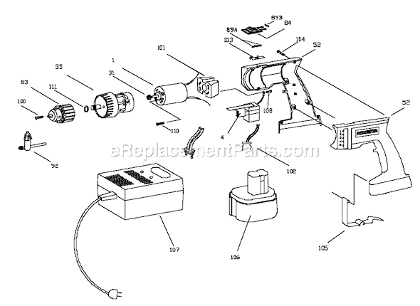 Page A Diagram and Parts List for 852 Type 1 Porter Cable Cordless Drill